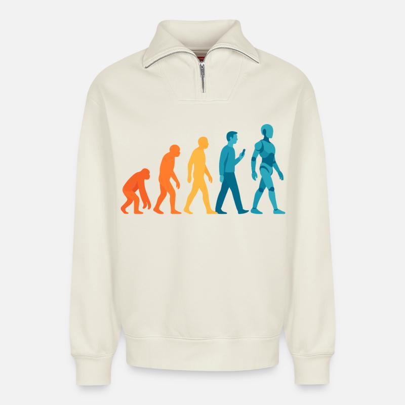 Evolution to Robot Outline - Relaxed Unisex Organic Half Zip Sweatshirt – by SPREAD - off white