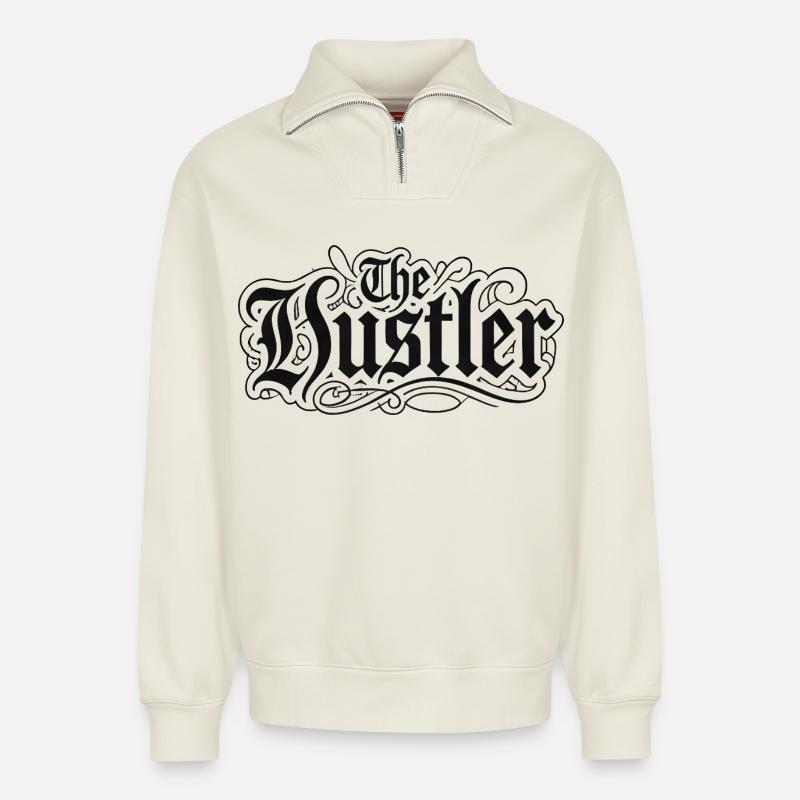 The Hustler Gothic Script - Relaxed Unisex Organic Half Zip Sweatshirt – by SPREAD - off white