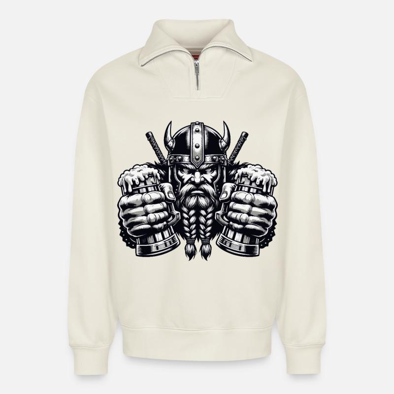 Wikinger mit Bierkrügen im Kampfmodus - Relaxed Unisex Organic Half Zip Sweatshirt – von SPREAD - Naturweiß