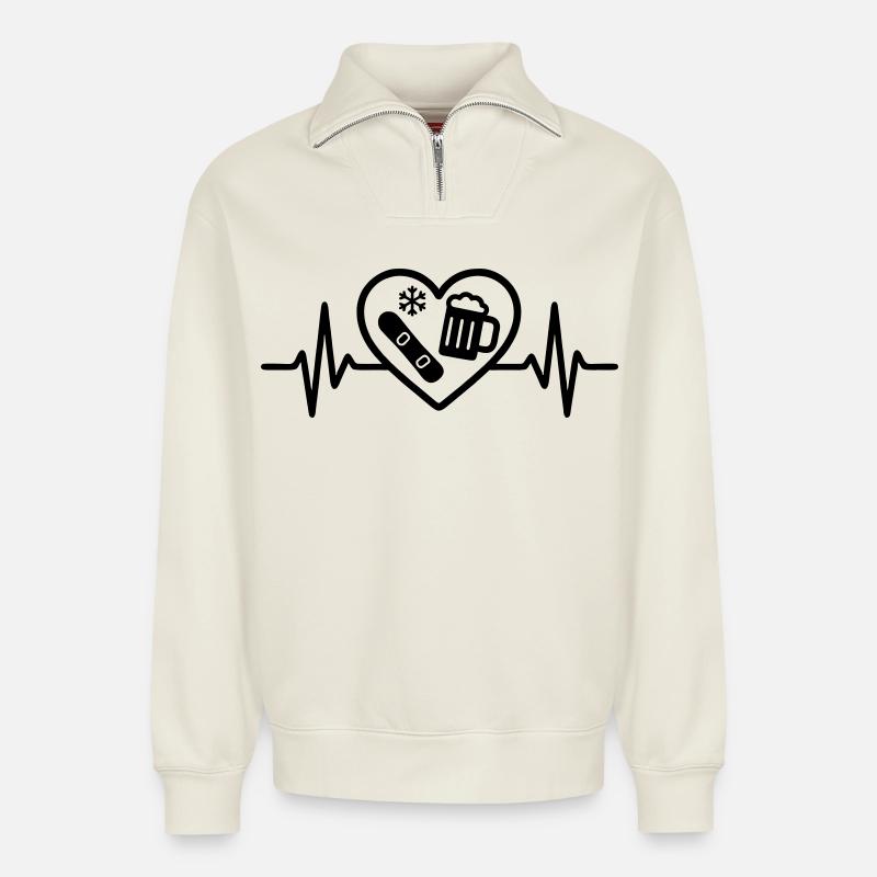 Herz Snowboard Bier - Relaxed Unisex Organic Half Zip Sweatshirt – von SPREAD - Naturweiß