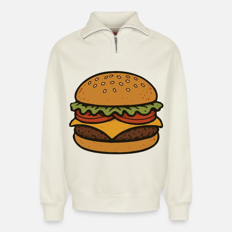 Comical hamburger - Relaxed Unisex Organic Half Zip Sweatshirt – by SPREAD - off white