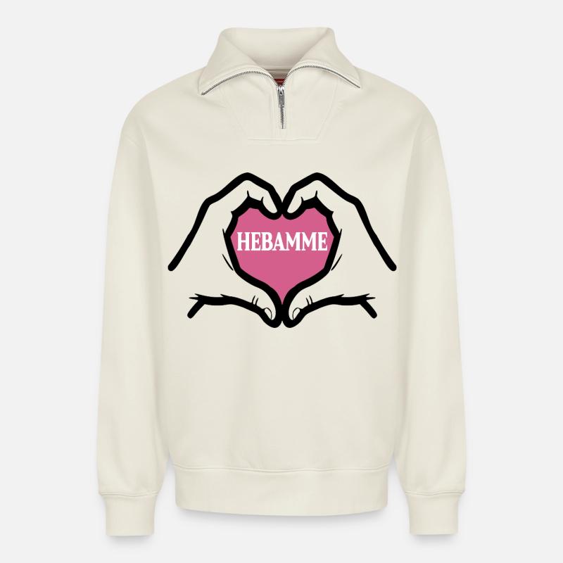Danke Hebamme Geburtshilfe - Relaxed Unisex Organic Half Zip Sweatshirt – von SPREAD - Naturweiß