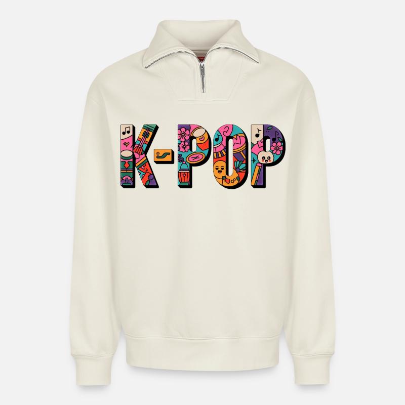 K-POP : Doodle Pop - Sweat unisexe décontracté en coton biologique à demi-zip – de SPREAD - blanc cassé