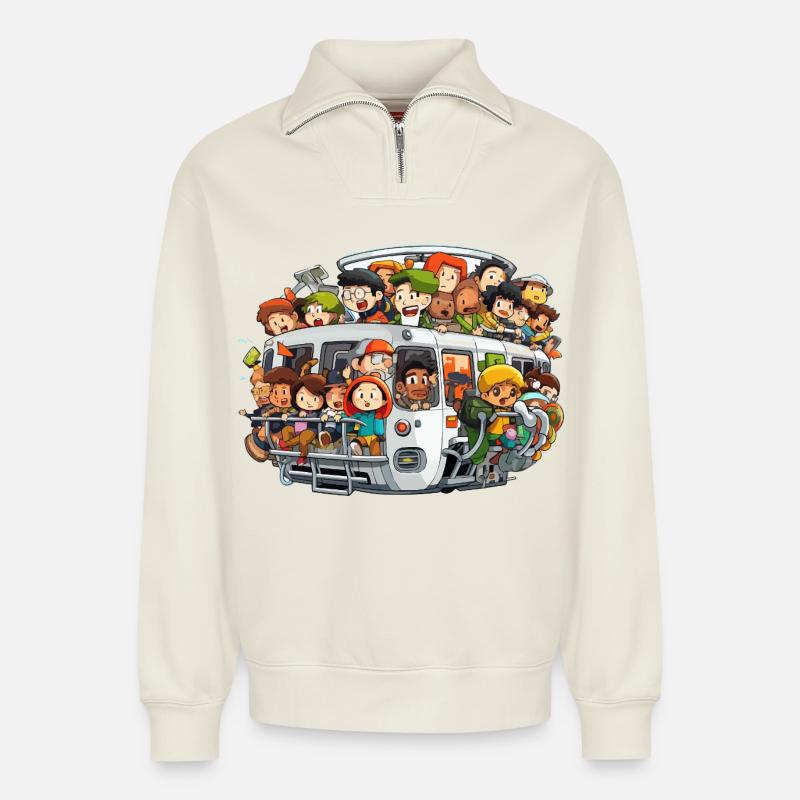 Bunt besetzte Bus Szene - Relaxed Unisex Organic Half Zip Sweatshirt – von SPREAD - Naturweiß