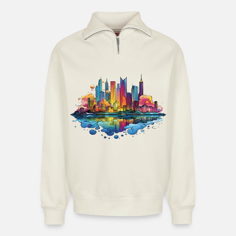 Bunte Skyline Reflektion - Relaxed Unisex Organic Half Zip Sweatshirt – von SPREAD - Naturweiß