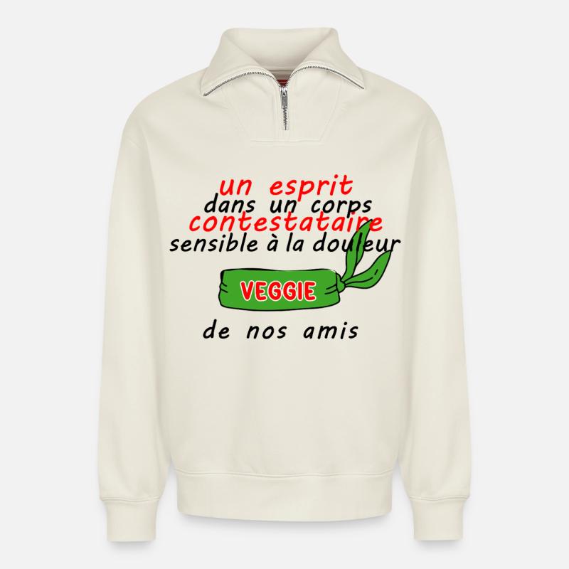 Des_esprits_contestataires_dans_des_corps_sensible - Sweat unisexe décontracté en coton biologique à demi-zip – de SPREAD - blanc cassé