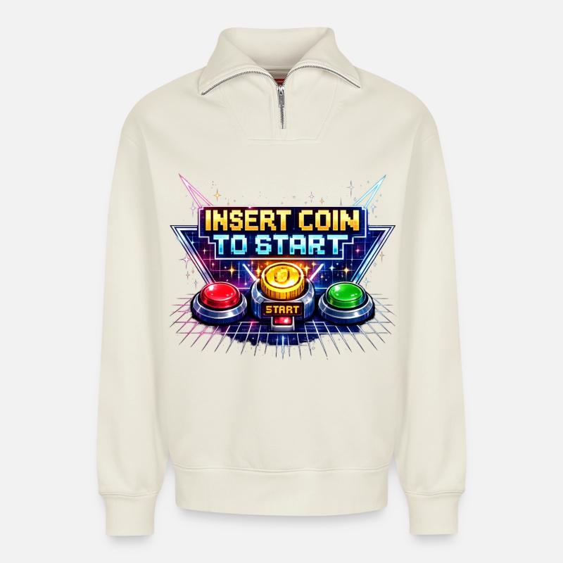 Arcade Startknopf Neon Retro - Relaxed Unisex Organic Half Zip Sweatshirt – von SPREAD - Naturweiß