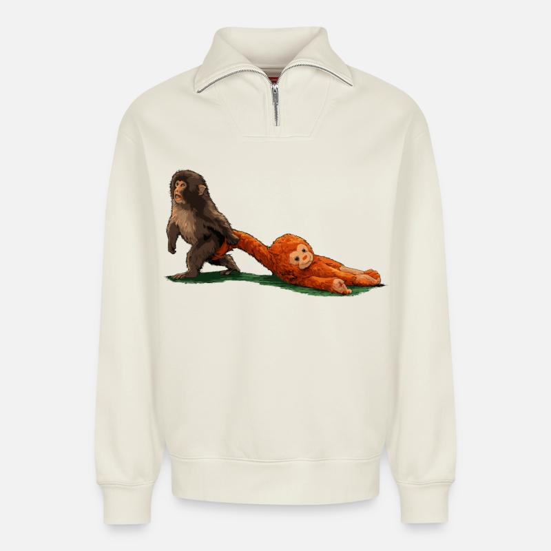 punch the monkey - Relaxed Unisex Organic Half Zip Sweatshirt – by SPREAD - off white