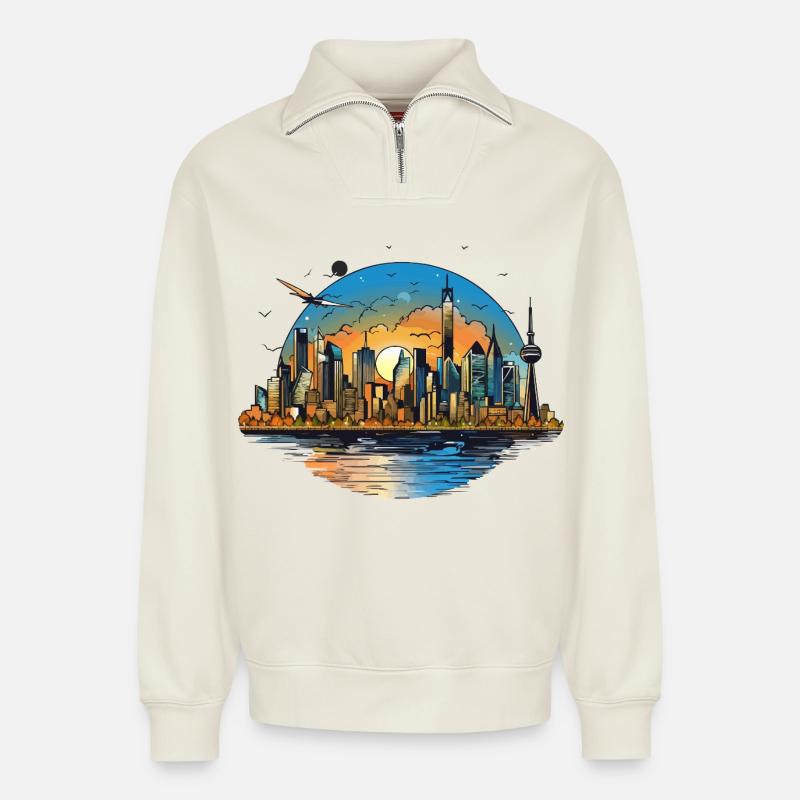 Sunset Skyline Reflection - Relaxed Unisex Organic Half Zip Sweatshirt – by SPREAD - off white