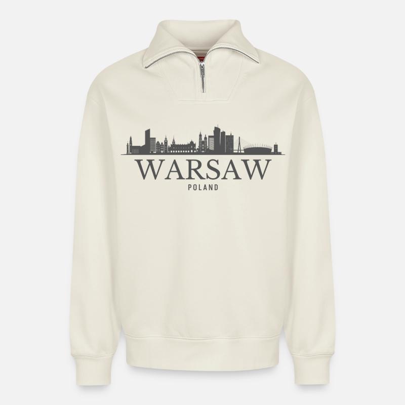 Varsovie, Pologne, silhouette de Varsovie - Sweat unisexe décontracté en coton biologique à demi-zip – de SPREAD - blanc cassé