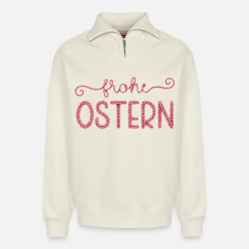 Frohe Ostern - Relaxed Unisex Organic Half Zip Sweatshirt – von SPREAD - Naturweiß