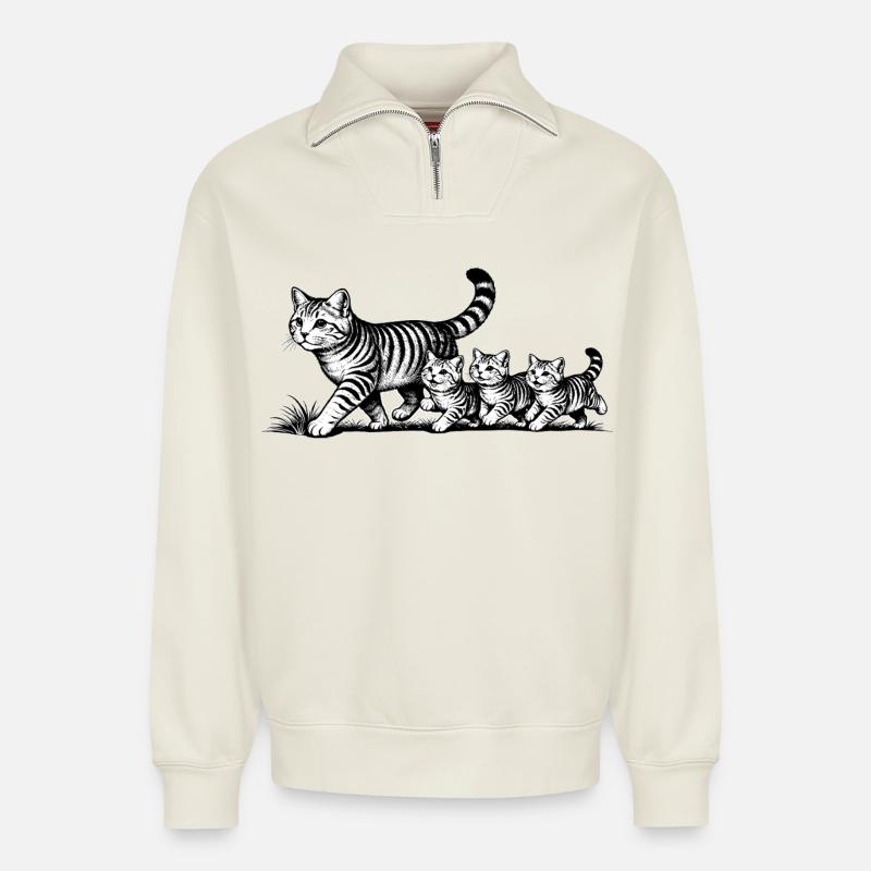 Katzenmutter mit 3 Katzenbabys schwarzweiß - Relaxed Unisex Organic Half Zip Sweatshirt – von SPREAD - Naturweiß