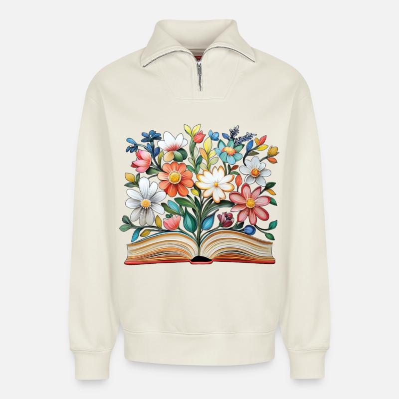 Buch mit Blumen - Relaxed Unisex Organic Half Zip Sweatshirt – von SPREAD - Naturweiß
