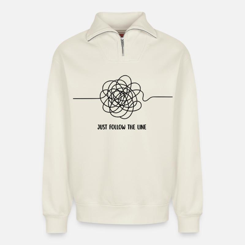 JUST FOLLOW THE LINE - Relaxed Unisex Organic Half Zip Sweatshirt – by SPREAD - off white