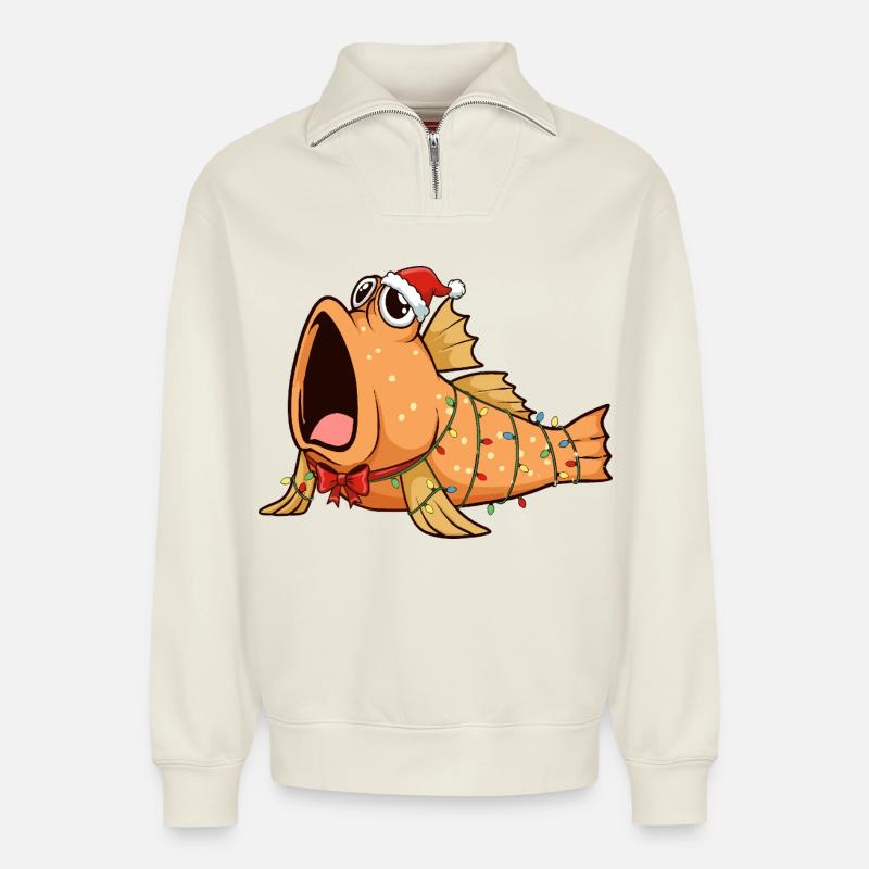Funny Mudskipper - Christmas - Relaxed Unisex Organic Half Zip Sweatshirt – by SPREAD - off white