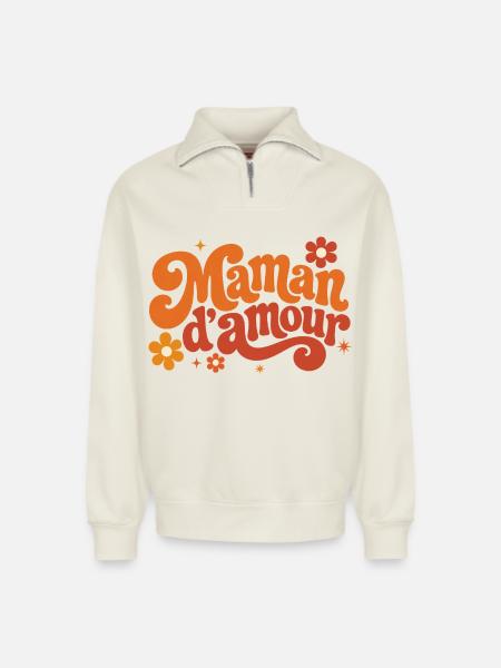 Maman d'amour groovy florale - Sweat unisexe décontracté en coton biologique à demi-zip – de SPREAD - blanc cassé