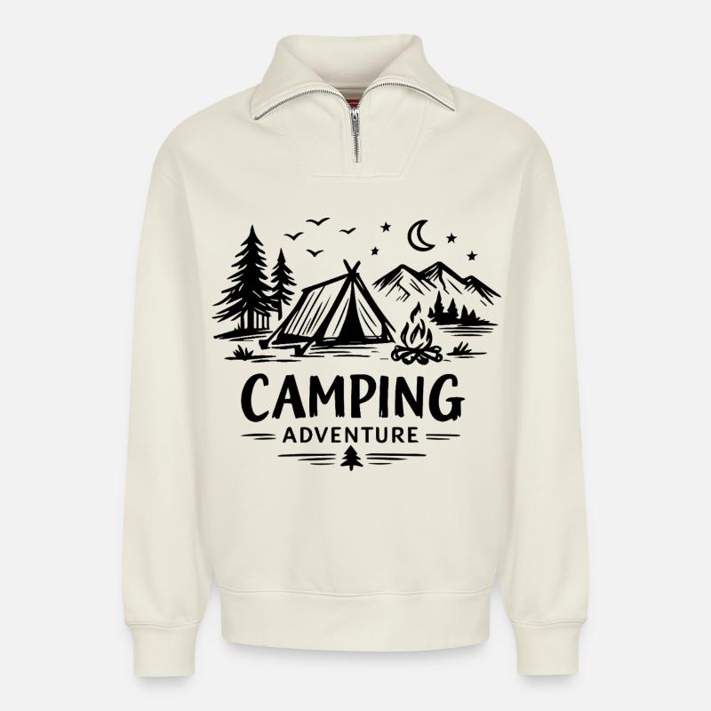 Camping Aventure - Sweat unisexe décontracté en coton biologique à demi-zip – de SPREAD - blanc cassé