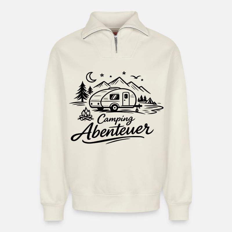 Camping Abenteuer - Relaxed Unisex Organic Half Zip Sweatshirt – von SPREAD - Naturweiß