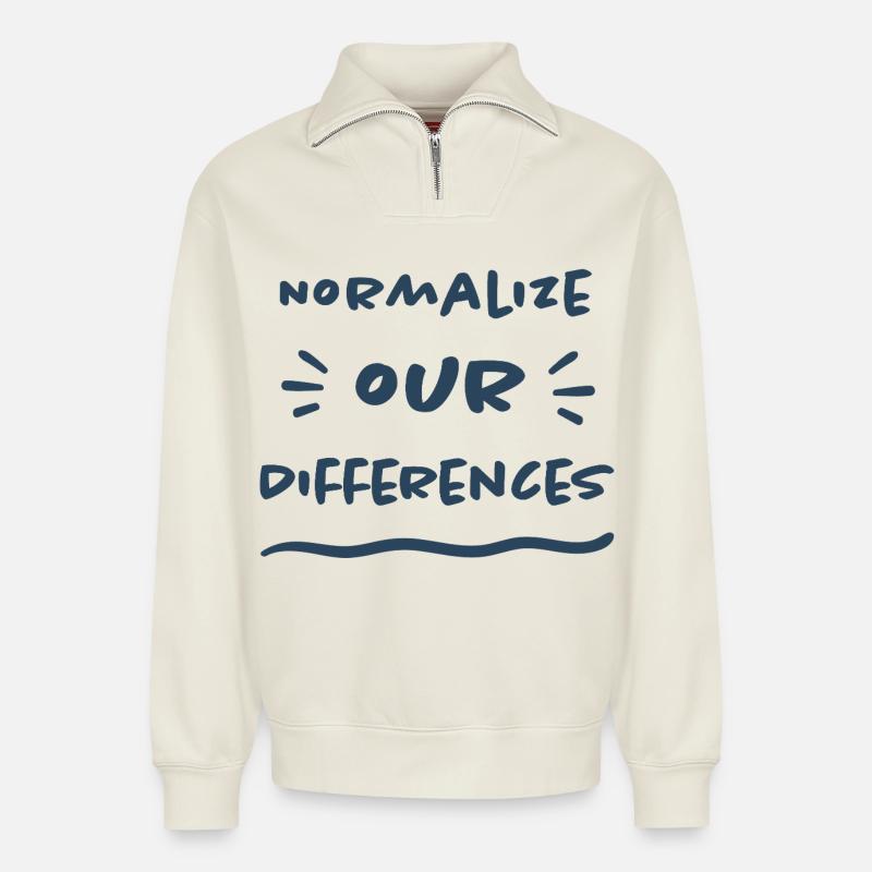 Normalize our Differences - Inklusion - Relaxed Unisex Organic Half Zip Sweatshirt – von SPREAD - Naturweiß