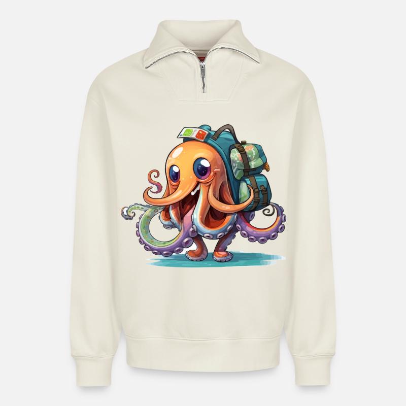 Octopus Explorer with Backpack - Relaxed Unisex Organic Half Zip Sweatshirt – by SPREAD - off white