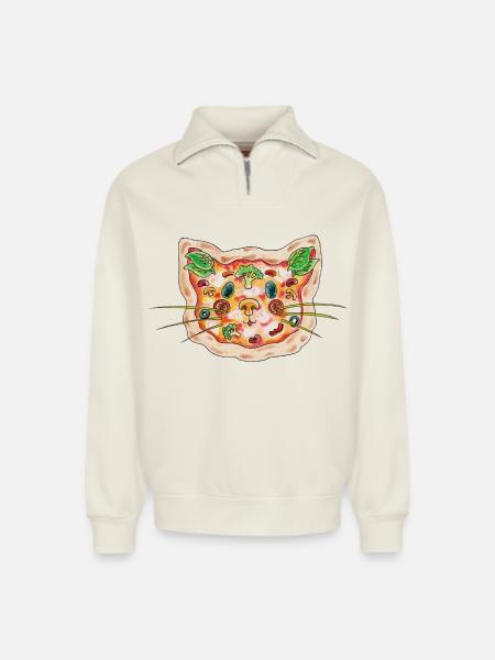 Pizza Katze - Relaxed Unisex Organic Half Zip Sweatshirt – von SPREAD - Naturweiß