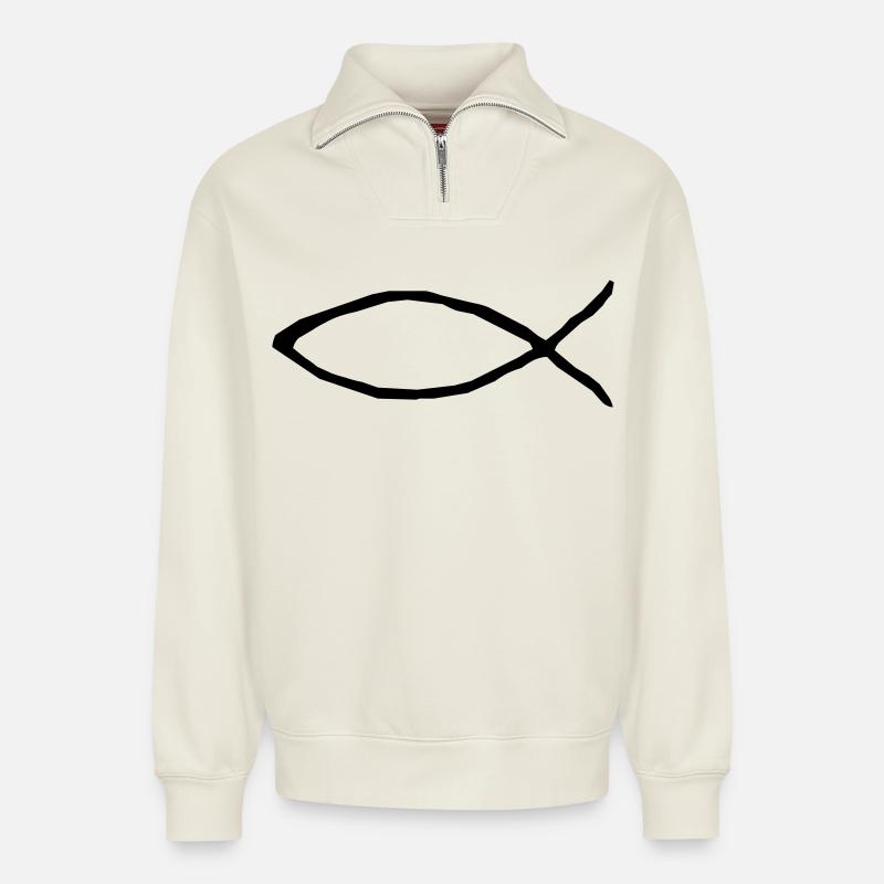 Christlicher Fisch - Relaxed Unisex Organic Half Zip Sweatshirt – von SPREAD - Naturweiß