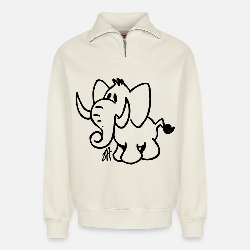 Éléphant - Sweat unisexe décontracté en coton biologique à demi-zip – de SPREAD - blanc cassé