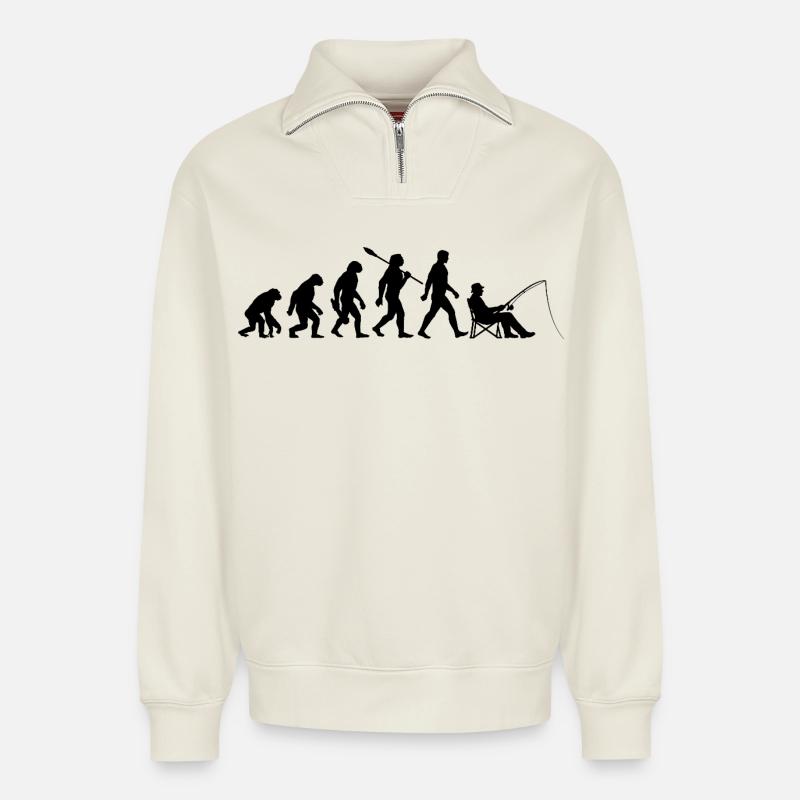 Evolution - Pêche, Cadeau de pêcheur - Sweat unisexe décontracté en coton biologique à demi-zip – de SPREAD - blanc cassé