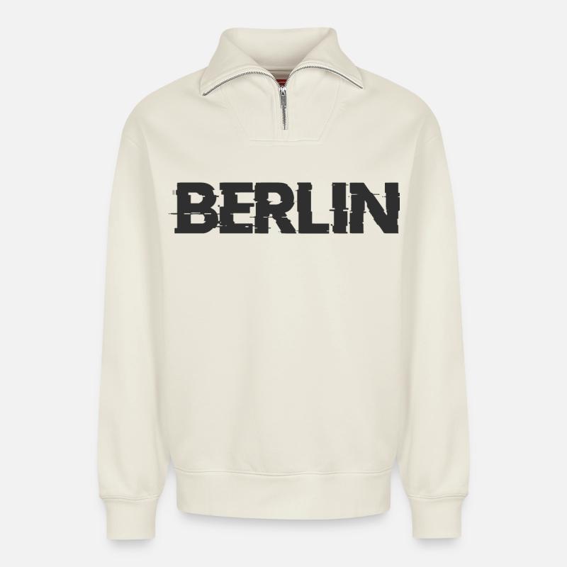 Berlin Schriftzug - Relaxed Unisex Organic Half Zip Sweatshirt – von SPREAD - Naturweiß