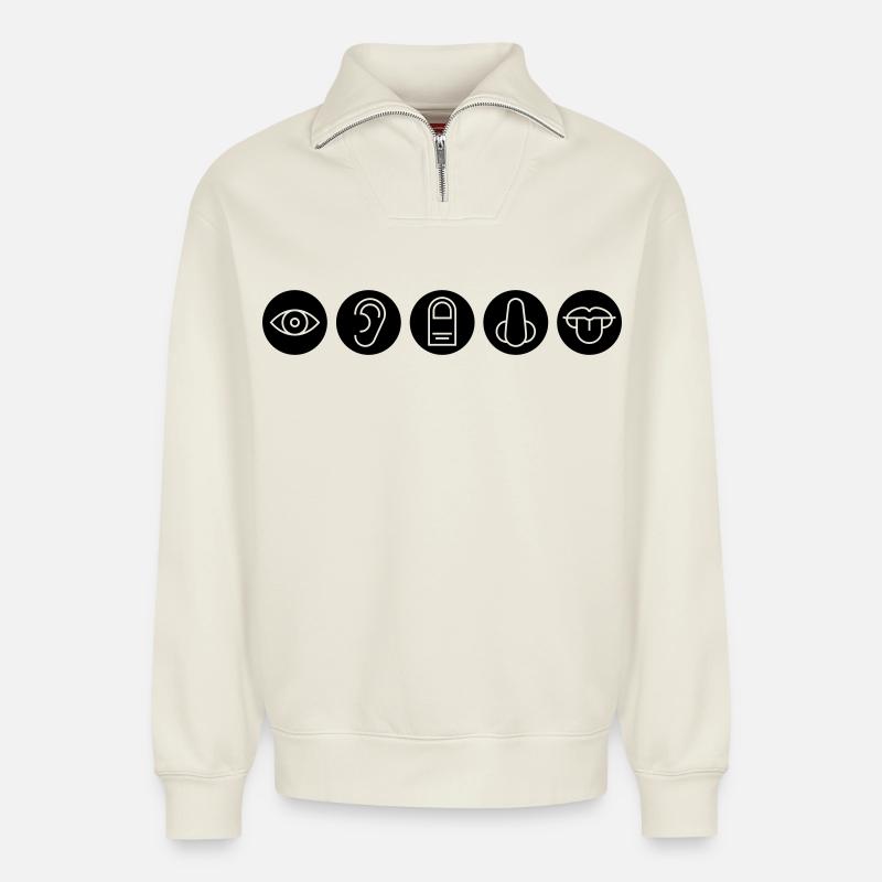 Five senses, sense organs - Relaxed Unisex Organic Half Zip Sweatshirt – by SPREAD - off white