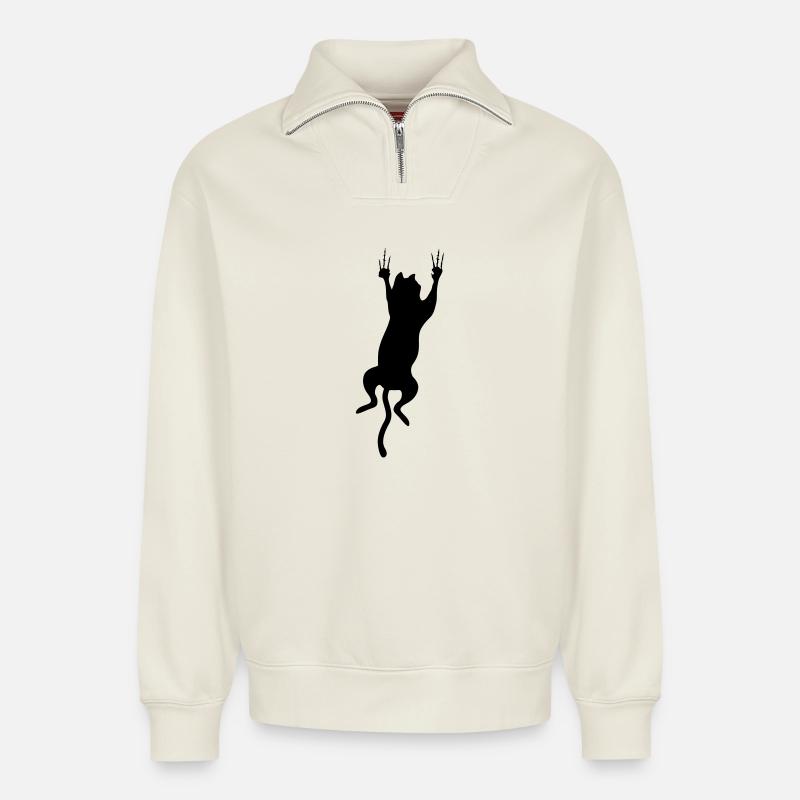 cat scratch - Relaxed Unisex Organic Half Zip Sweatshirt – by SPREAD - off white