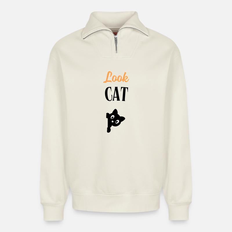 Schau Katze - Relaxed Unisex Organic Half Zip Sweatshirt – von SPREAD - Naturweiß