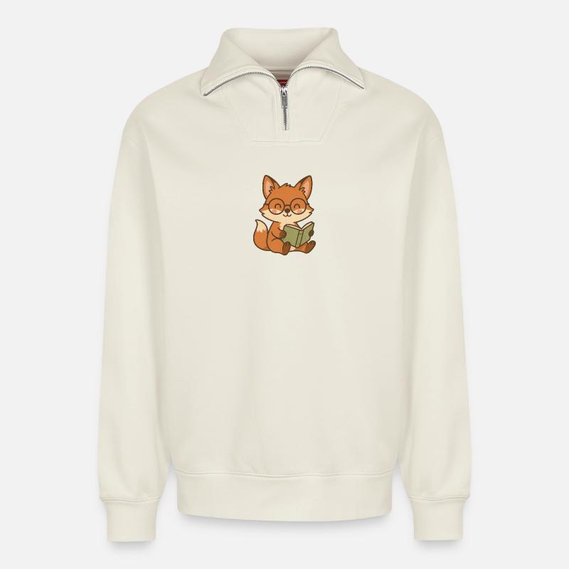 Cute fox book reader illustration - Relaxed Unisex Organic Half Zip Sweatshirt – by SPREAD - off white