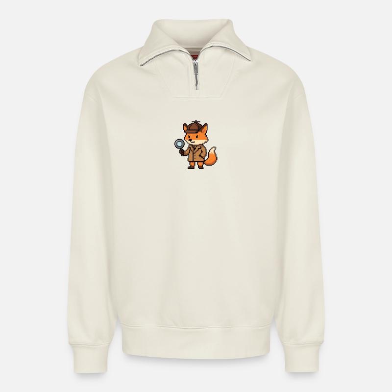 Pixel Detective Fuchs Design - Relaxed Unisex Organic Half Zip Sweatshirt – von SPREAD - Naturweiß