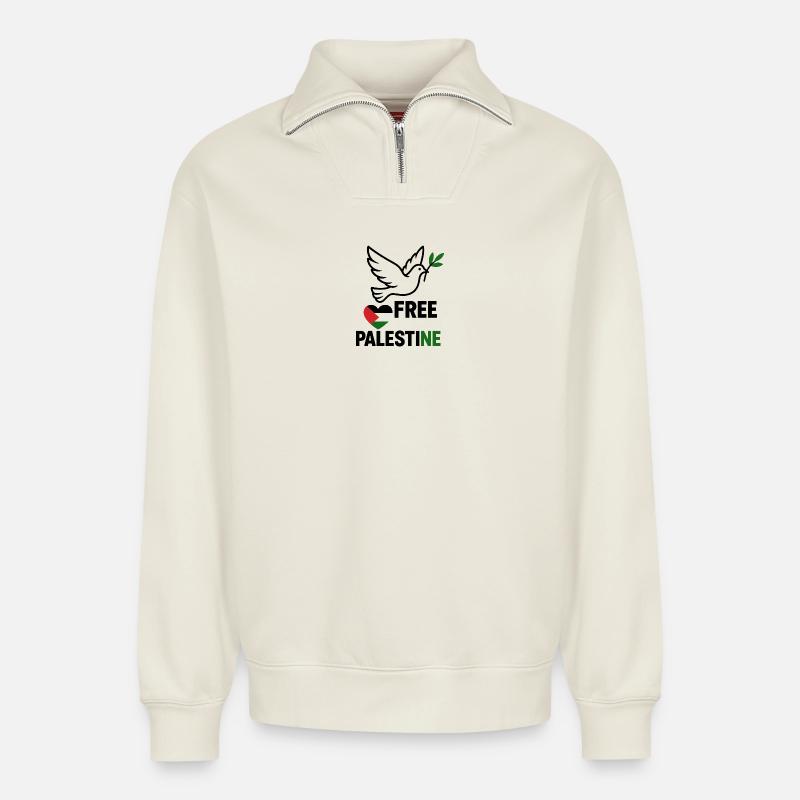 Colombe de Palestine libre - Sweat unisexe décontracté en coton biologique à demi-zip – de SPREAD - blanc cassé