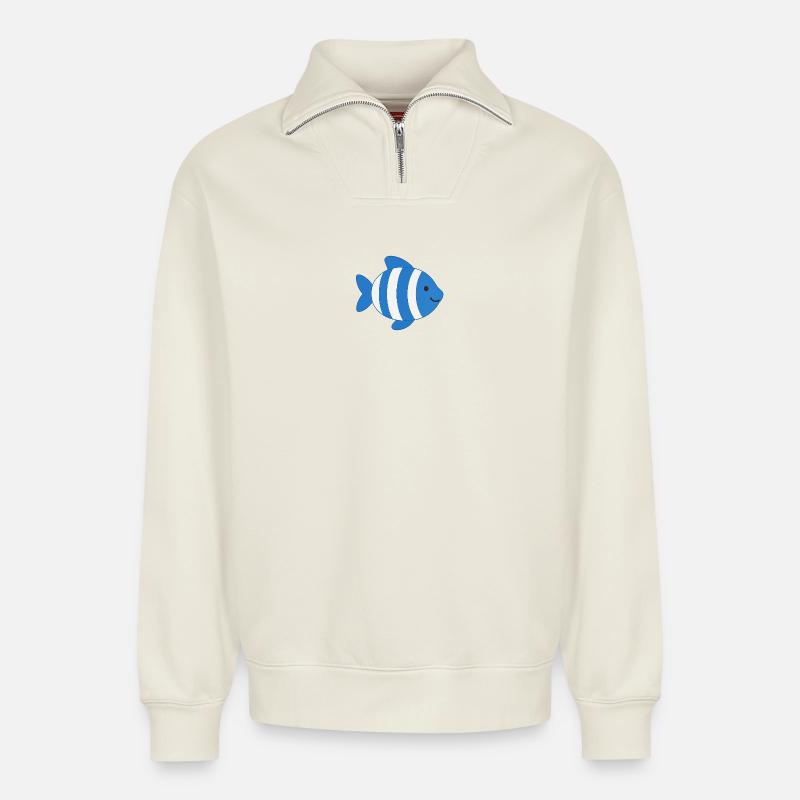 Poisson rayé - Sweat unisexe décontracté en coton biologique à demi-zip – de SPREAD - blanc cassé
