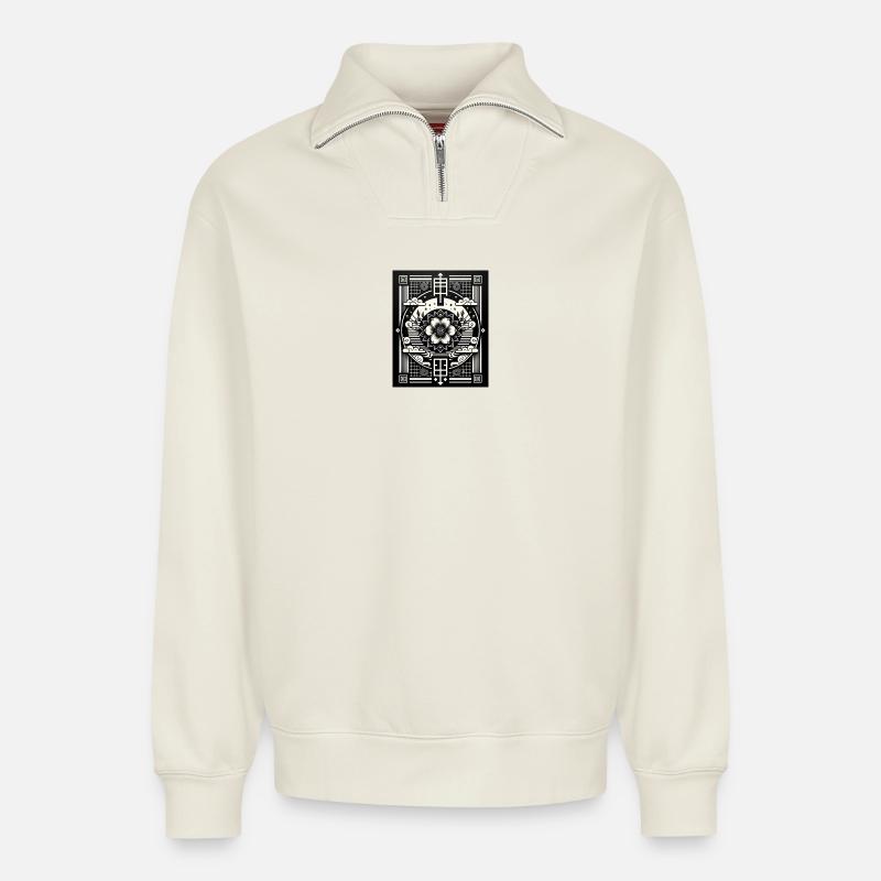 Zen Harmony Geometric Lotus - Relaxed Unisex Organic Half Zip Sweatshirt – von SPREAD - Naturweiß