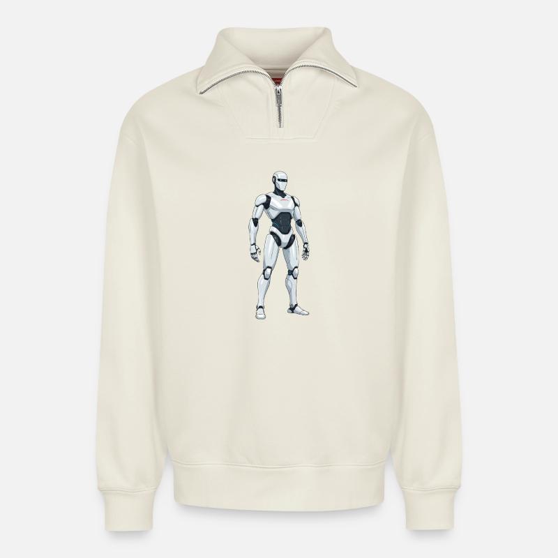 Weißer SciFi-Kampfroboter - Relaxed Unisex Organic Half Zip Sweatshirt – von SPREAD - Naturweiß