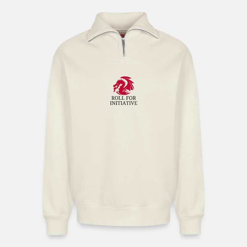 Roll For Initiative – Feuerdrache - Relaxed Unisex Organic Half Zip Sweatshirt – von SPREAD - Naturweiß