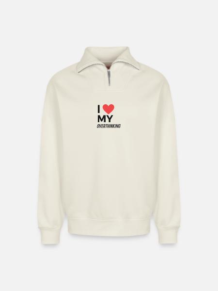 J’adore trop réfléchir - Sweat unisexe décontracté en coton biologique à demi-zip – de SPREAD - blanc cassé