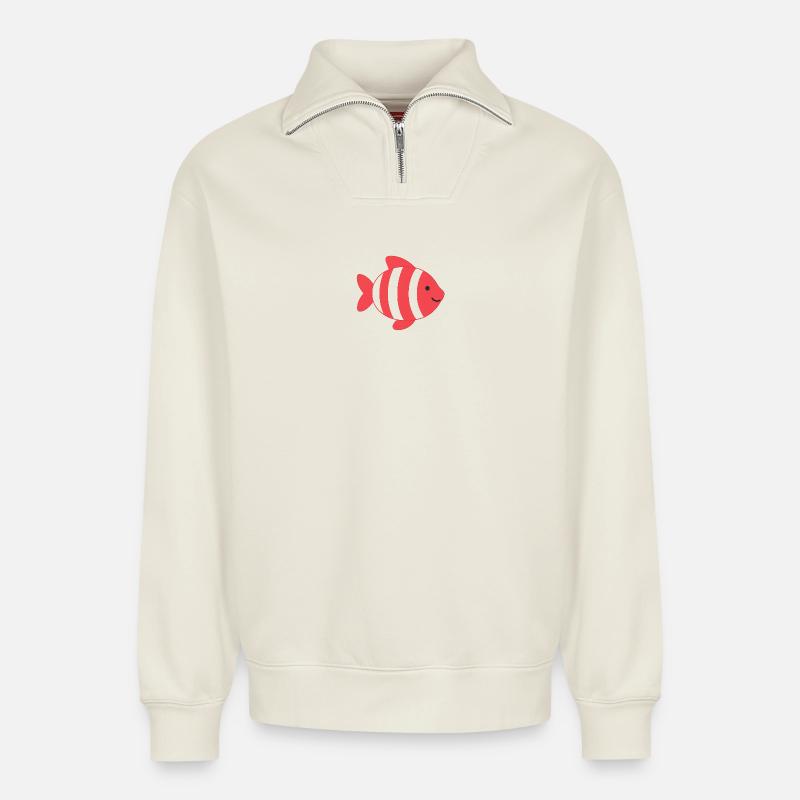 Poisson à rayures - Sweat unisexe décontracté en coton biologique à demi-zip – de SPREAD - blanc cassé