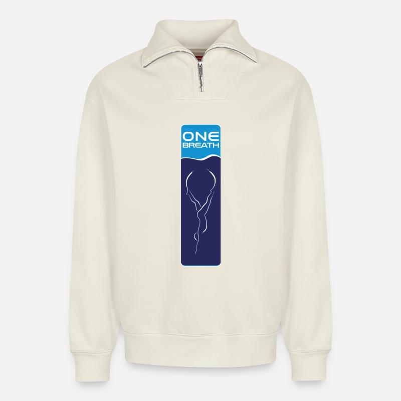 Freitauchen Emblem ONE Breath - Relaxed Unisex Organic Half Zip Sweatshirt – von SPREAD - Naturweiß