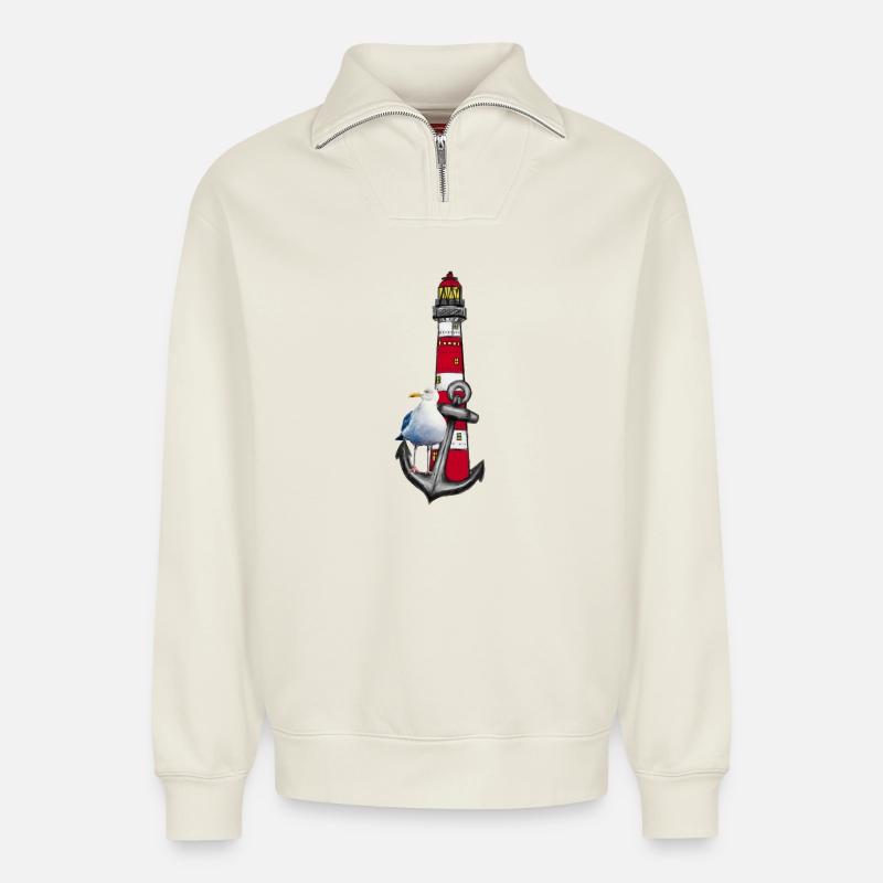 Leuchtturm Strandvogel Grafik Anker - Relaxed Unisex Organic Half Zip Sweatshirt – von SPREAD - Naturweiß