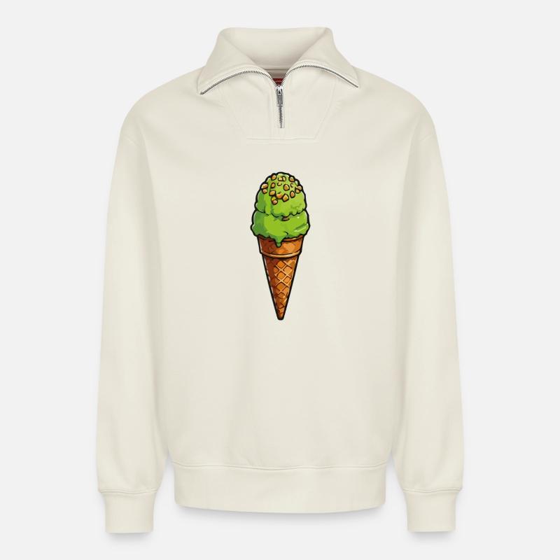 Pistazien Grünes Eis am Waffelcone - Relaxed Unisex Organic Half Zip Sweatshirt – by SPREAD - off white