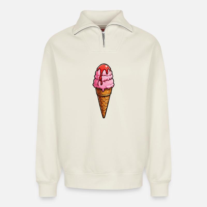 Cartoon Eiscreme Rosa Kugeln Sirup - Relaxed Unisex Organic Half Zip Sweatshirt – von SPREAD - Naturweiß