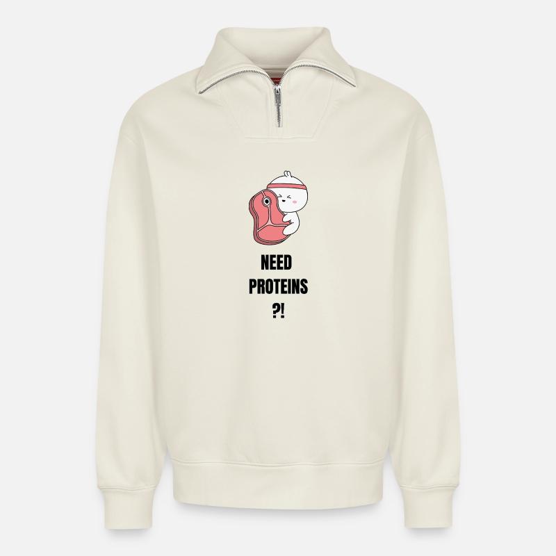 Need Proteins - Relaxed Unisex Organic Half Zip Sweatshirt – von SPREAD - Naturweiß