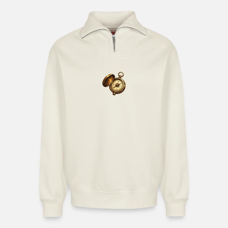 Antike Kompassuhr Abenteuer - Relaxed Unisex Organic Half Zip Sweatshirt – von SPREAD - Naturweiß