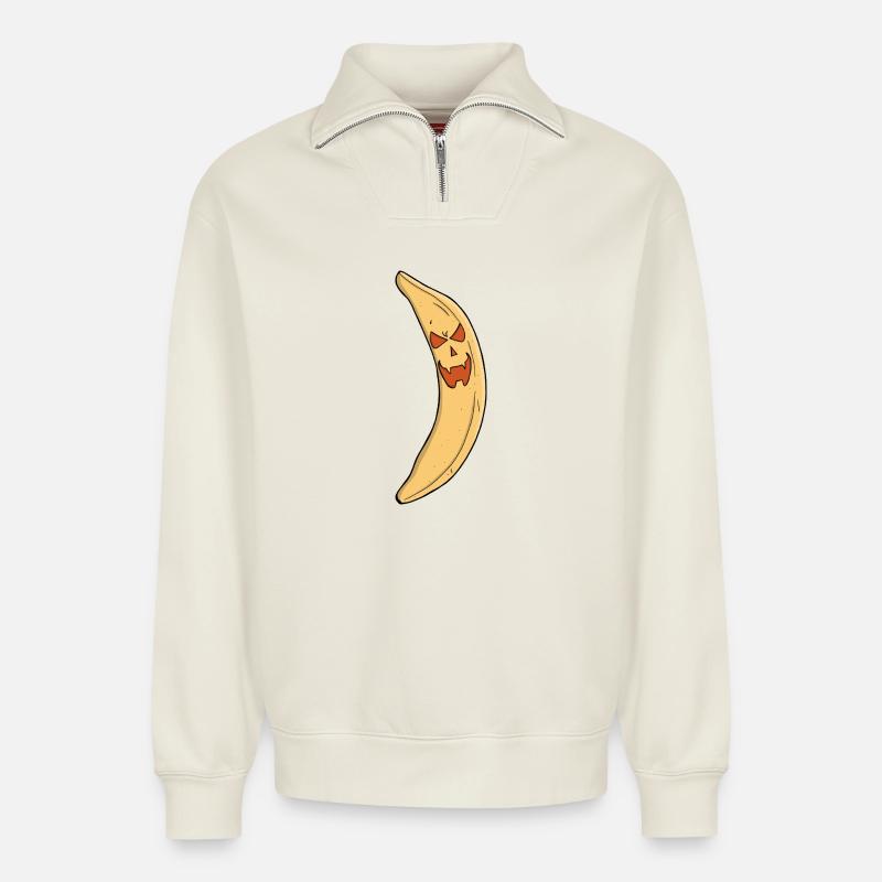 Banana Jack-o-Lantern - Relaxed Unisex Organic Half Zip Sweatshirt – by SPREAD - off white