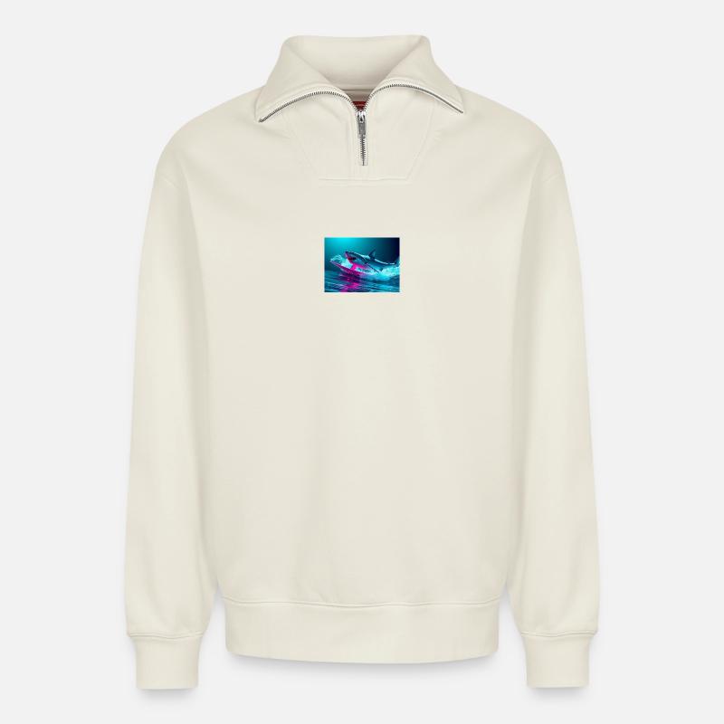 Neon Shark Sprinter Design - Relaxed Unisex Organic Half Zip Sweatshirt – von SPREAD - Naturweiß
