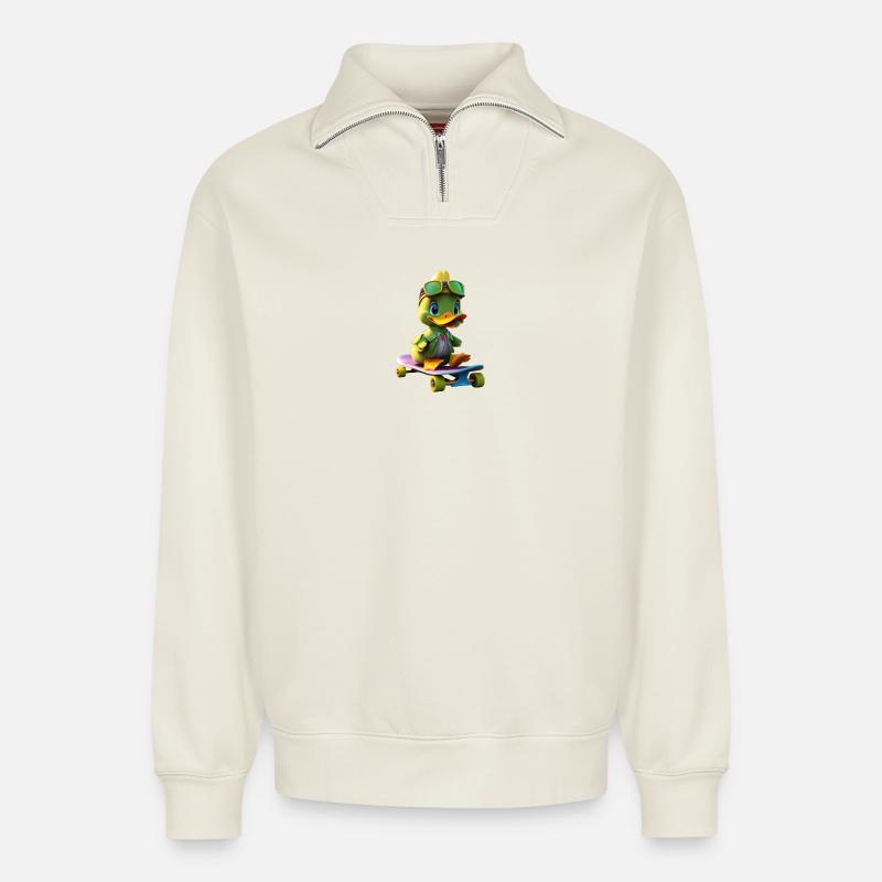 Skating Duck 2 - Relaxed Unisex Organic Half Zip Sweatshirt – by SPREAD - off white